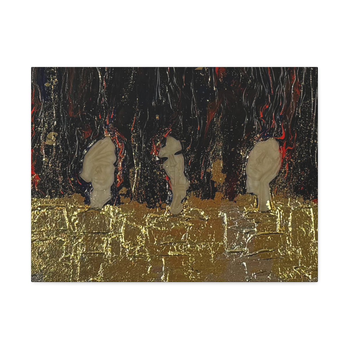 Abstract Gold Leaf Canvas Wall Art — Textured Black & Red Contemporary Painting