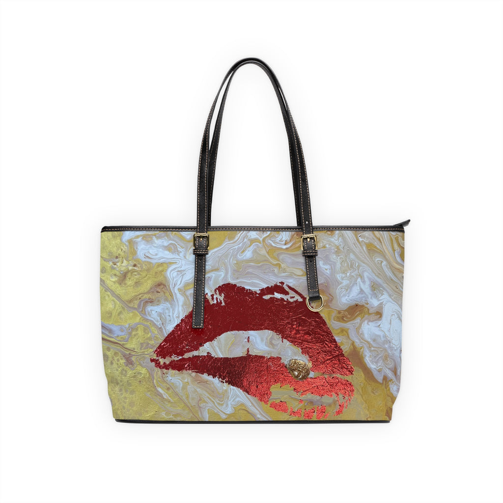 Lip Print "The Devouring" PU Shoulder Bag — Gold Marble Kiss Tote