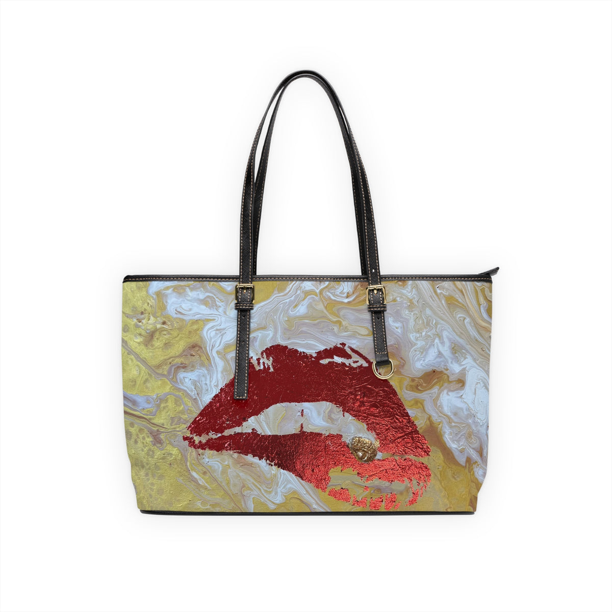 Lip Print "The Devouring" PU Shoulder Bag — Gold Marble Kiss Tote