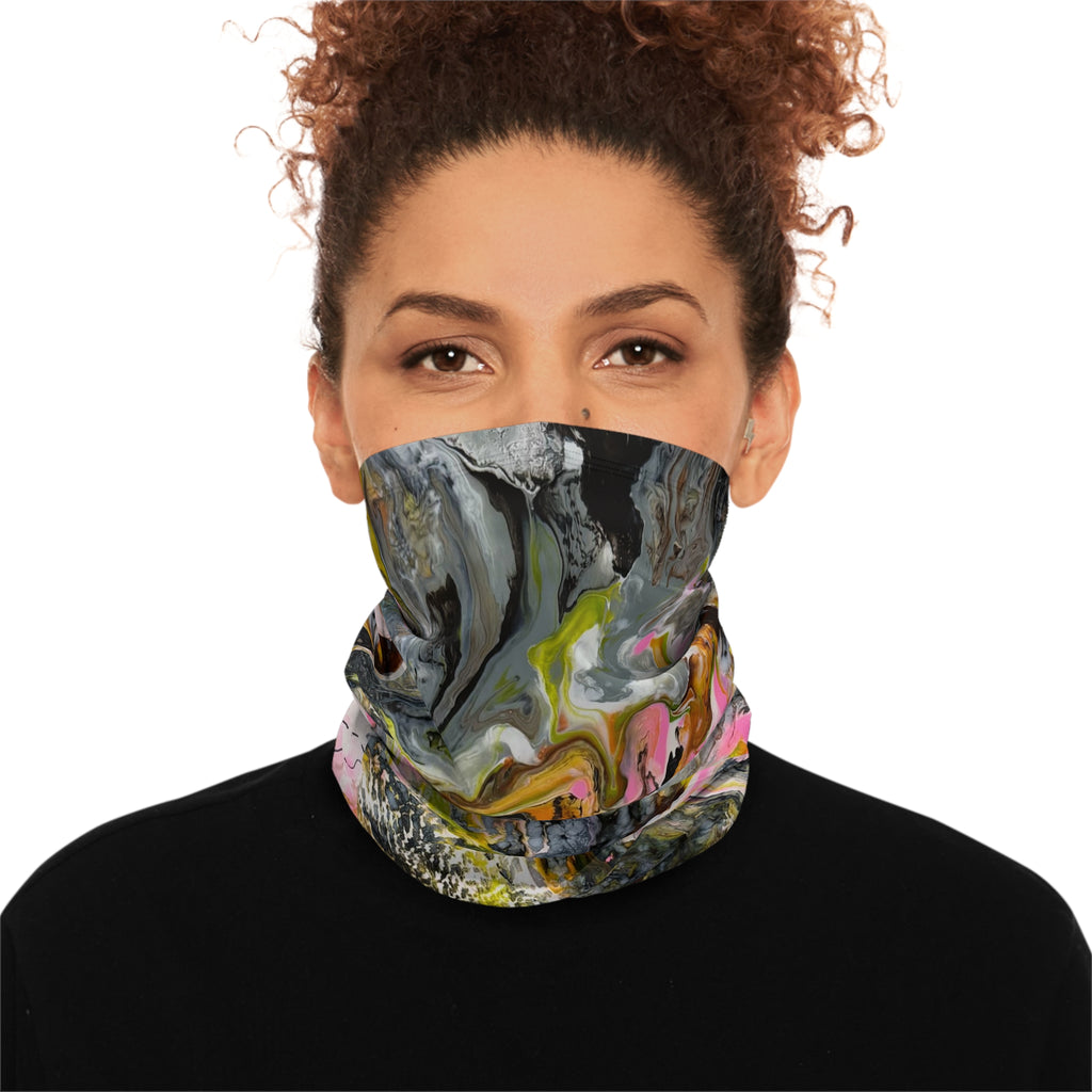 Abstract Marble "Liquid Optimism" Winter Neck Gaiter with Drawstring - Pink, Yellow & Gray Cold-Weather Face Warmer