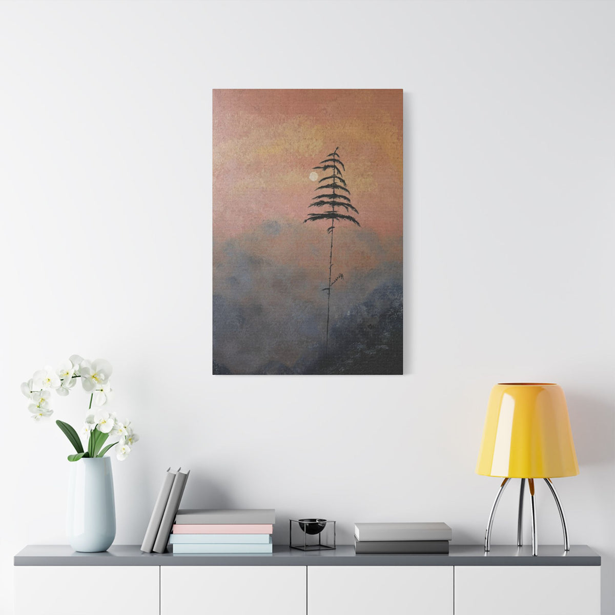 Satin Stretched Canvas - Minimal Lone Tree Sunset Wall Art