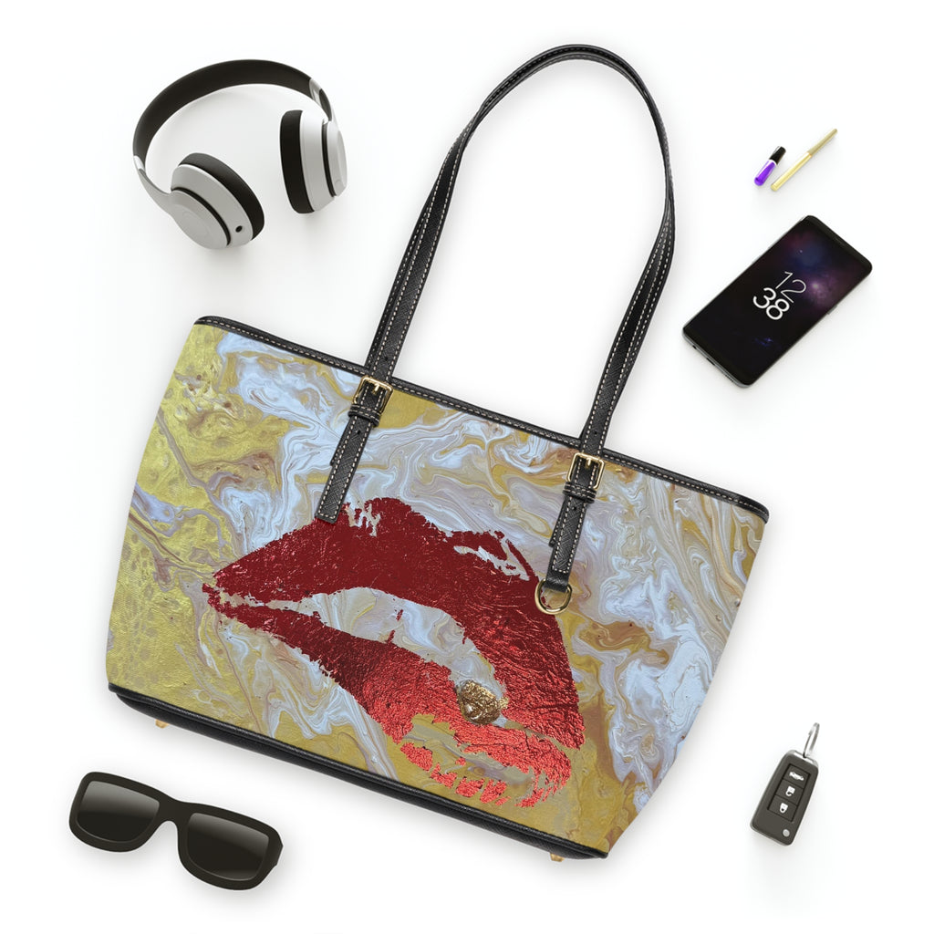 Lip Print "The Devouring" PU Shoulder Bag — Gold Marble Kiss Tote