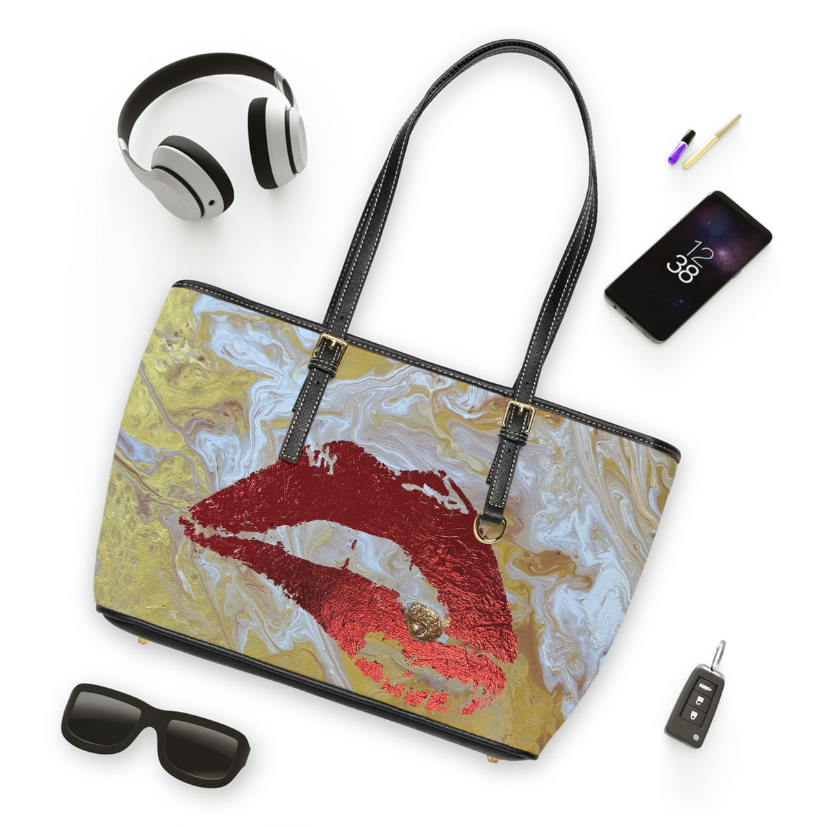 Lip Print "The Devouring" PU Shoulder Bag — Gold Marble Kiss Tote