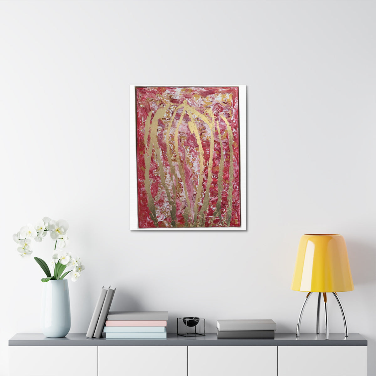 Abstract Red & Gold Stretched "She Pours" Canvas Wall Art – "She Pours" Modern Textured Painting