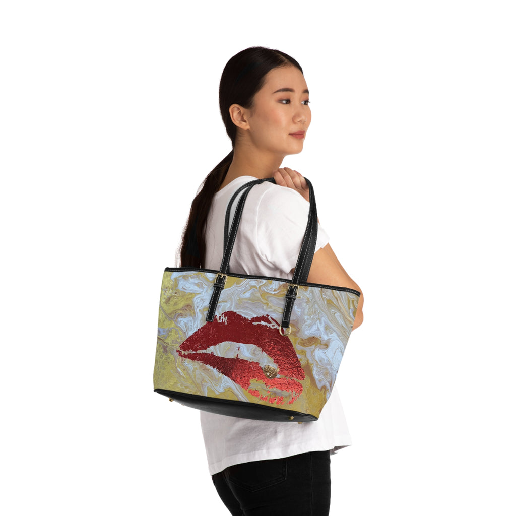 Lip Print "The Devouring" PU Shoulder Bag — Gold Marble Kiss Tote