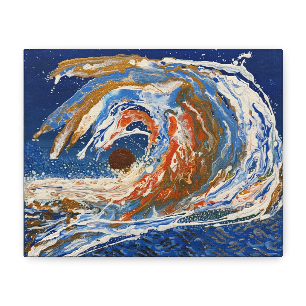Abstract Ocean Wave Canvas Art – Blue Gold Fluid Painting, Matte Stretched 1.25"
