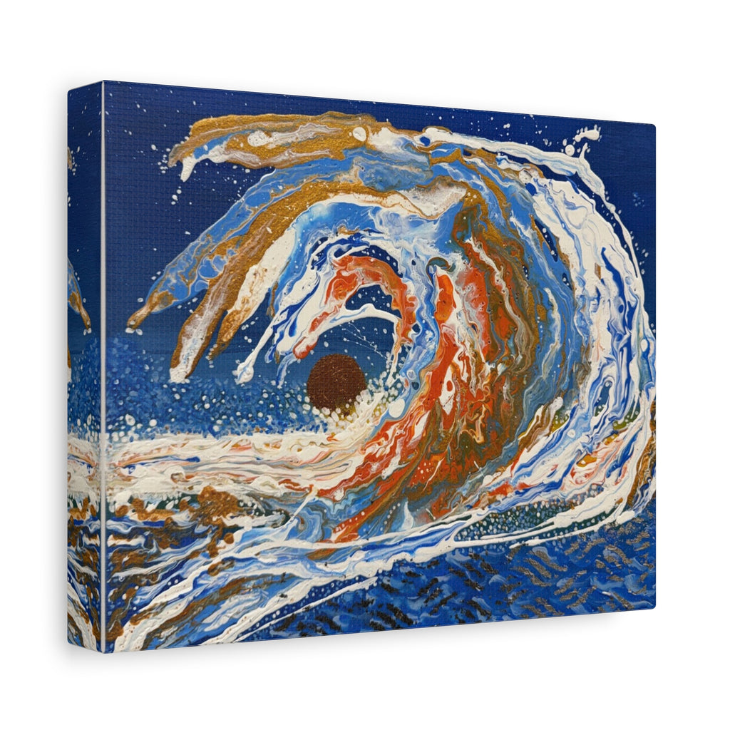 Abstract Ocean Wave Canvas Art – Blue Gold Fluid Painting, Matte Stretched 1.25"