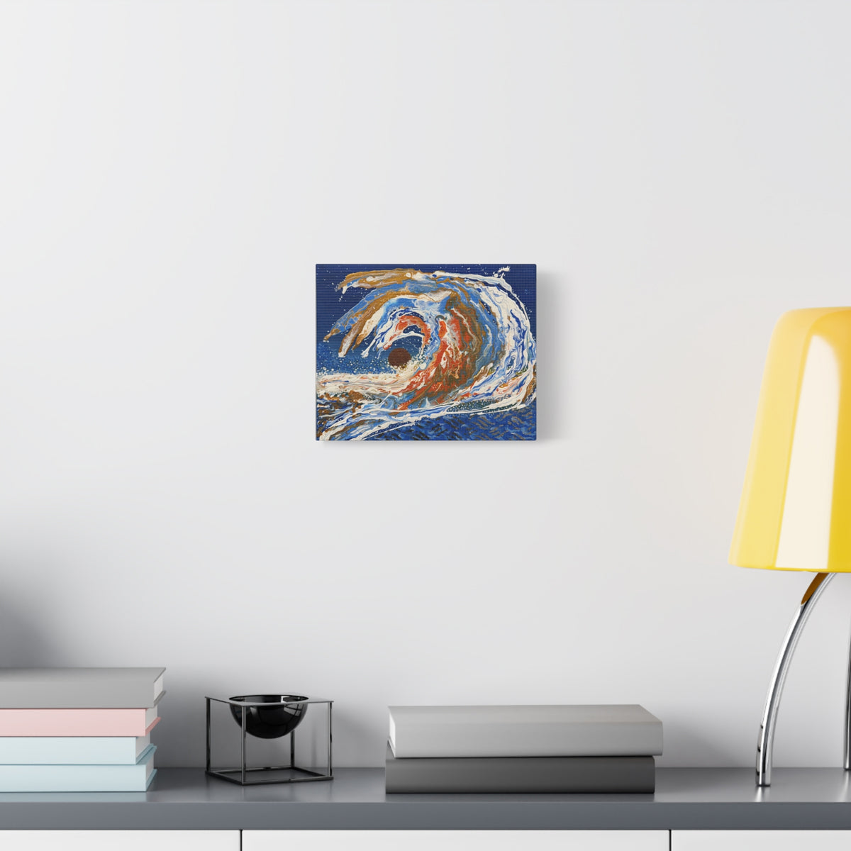 Abstract Ocean Wave Canvas Art – Blue Gold Fluid Painting, Matte Stretched 1.25"
