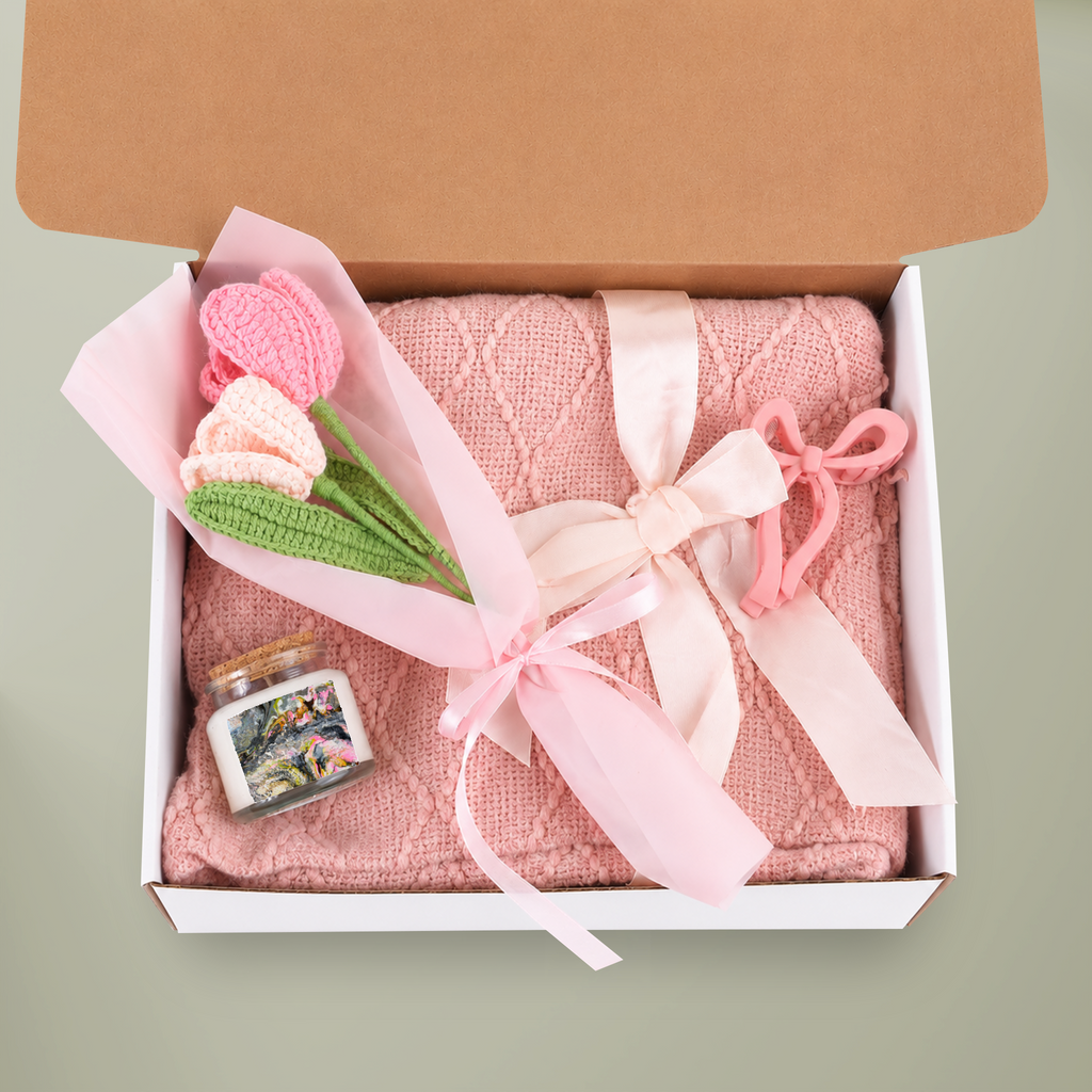 Abstract Marble "Liquid Optimism" Blush & Bloom 4-Piece Gift Set — Candle, Blanket, Crochet Bouquet & Bow Clip