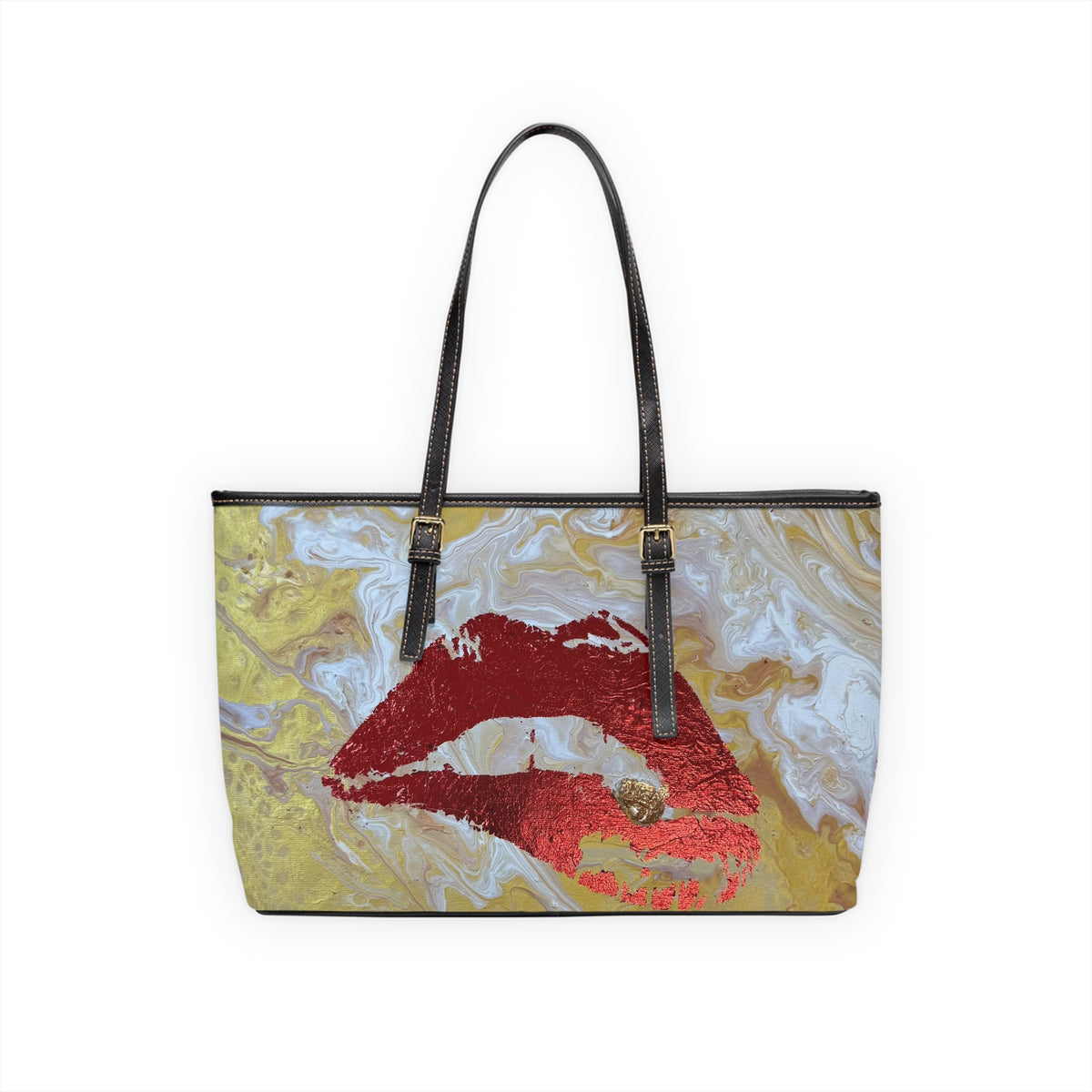 Lip Print "The Devouring" PU Shoulder Bag — Gold Marble Kiss Tote
