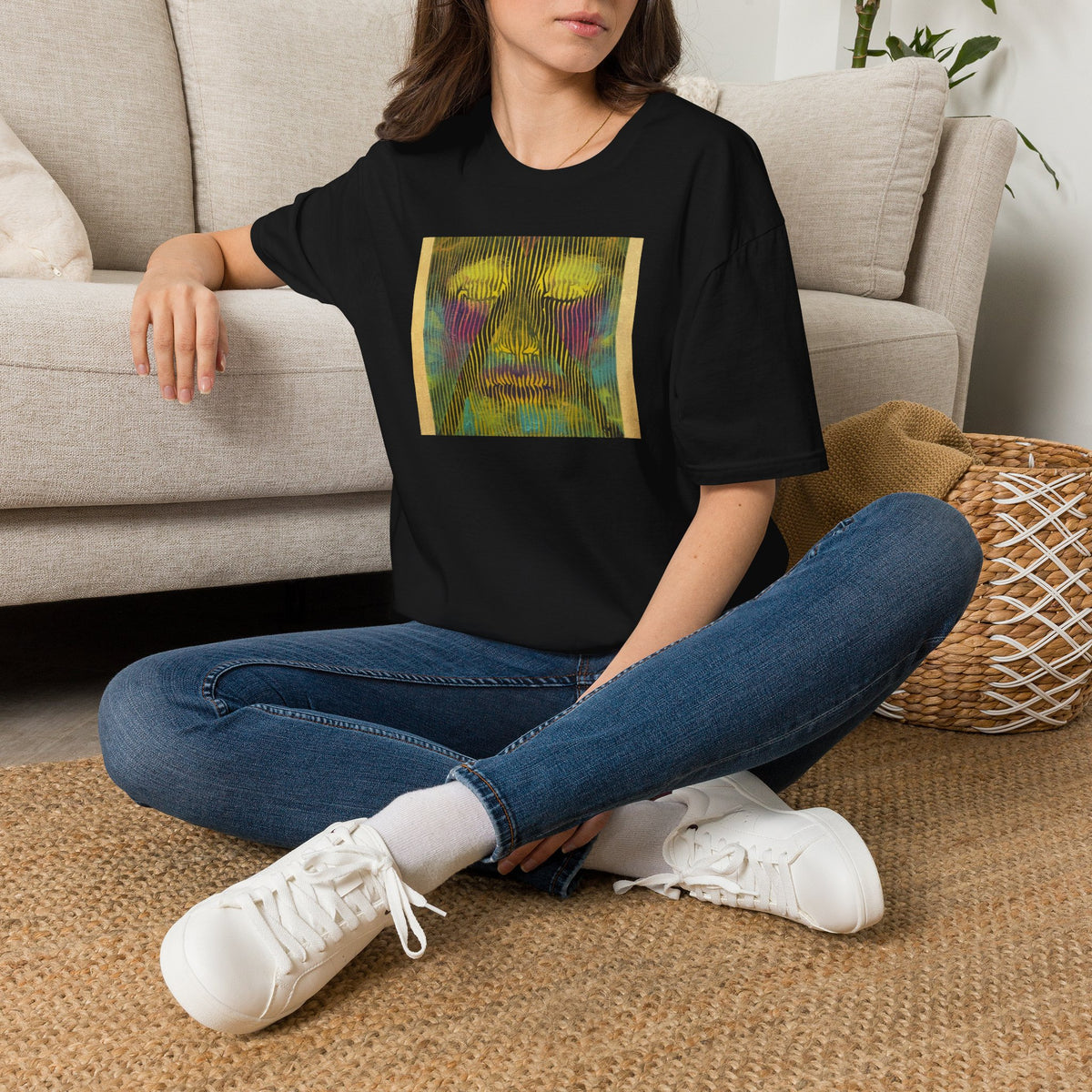 Abstract Psychedelic Electric Aura Face T‑Shirt — Trippy Colorful Optical Art Tee