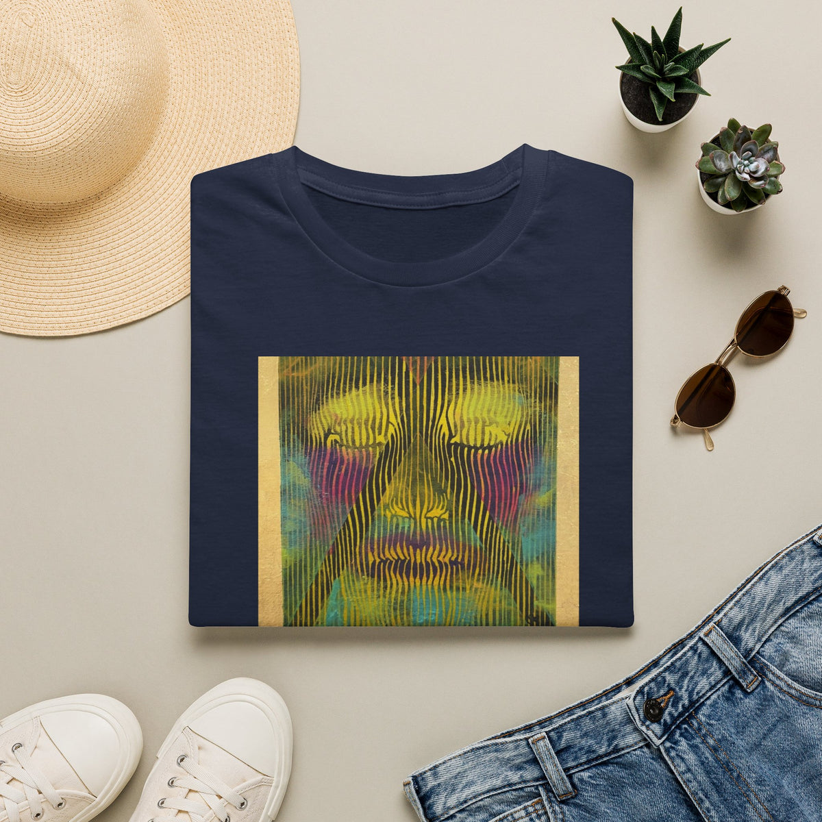 Abstract Psychedelic Electric Aura Face T‑Shirt — Trippy Colorful Optical Art Tee