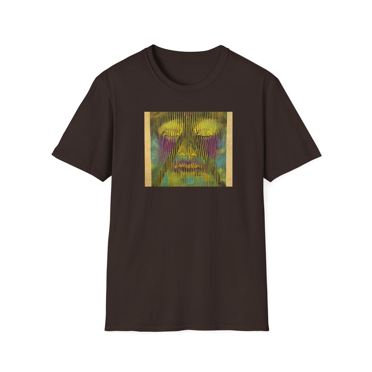 Abstract Psychedelic Electric Aura Face T‑Shirt — Trippy Colorful Optical Art Tee