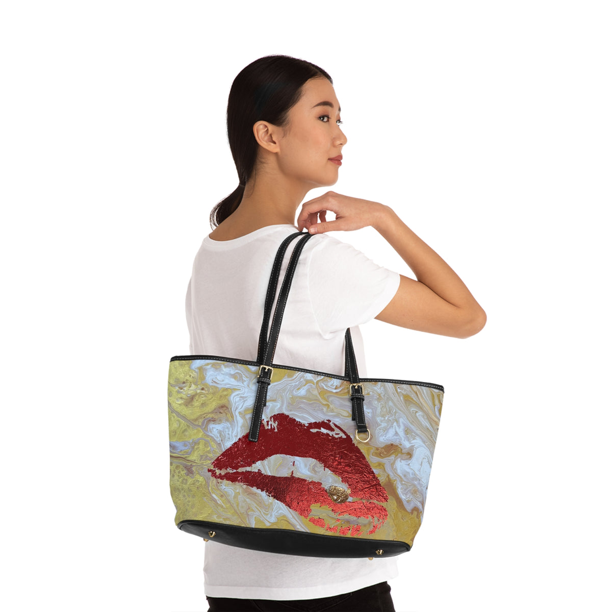 Lip Print "The Devouring" PU Shoulder Bag — Gold Marble Kiss Tote