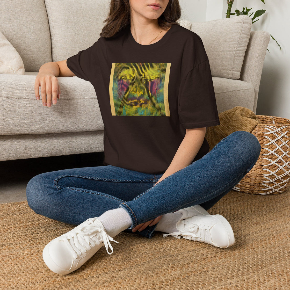 Abstract Psychedelic Electric Aura Face T‑Shirt — Trippy Colorful Optical Art Tee
