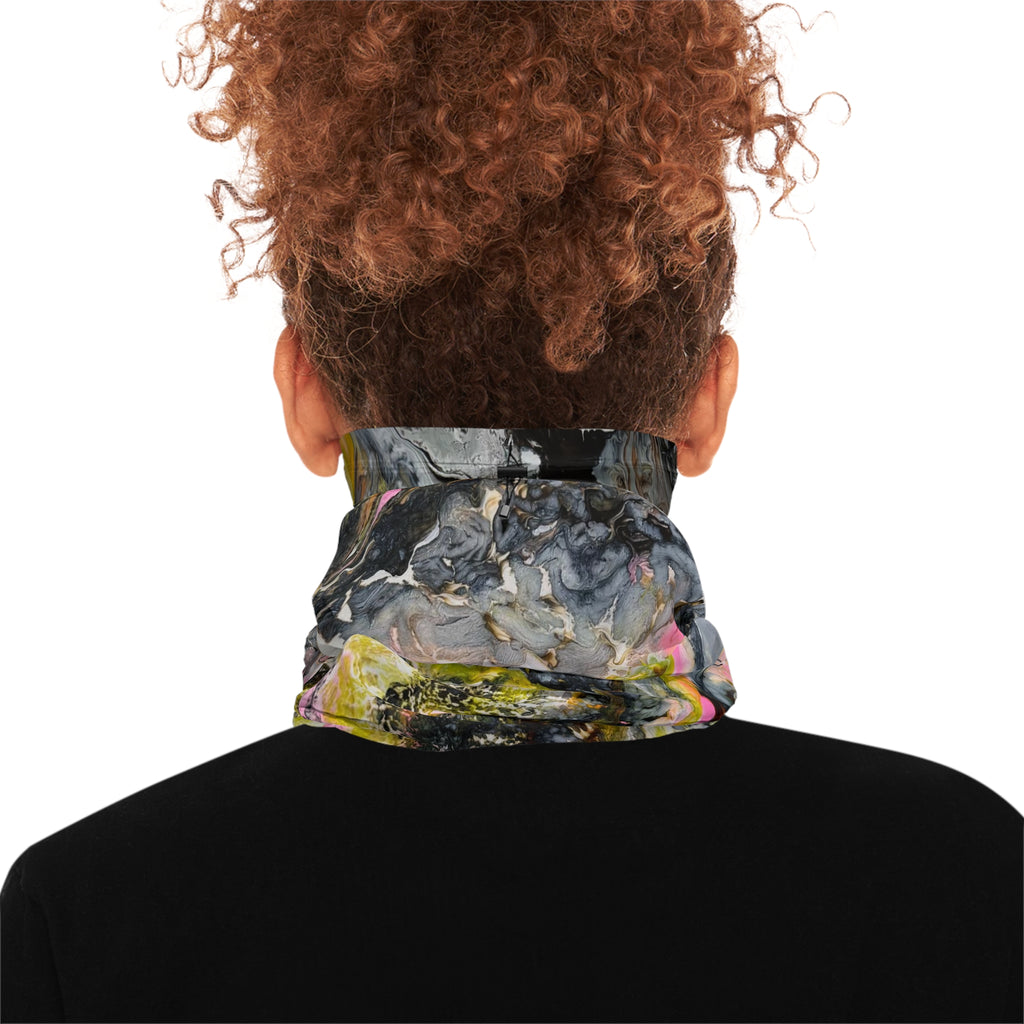 Abstract Marble "Liquid Optimism" Winter Neck Gaiter with Drawstring - Pink, Yellow & Gray Cold-Weather Face Warmer
