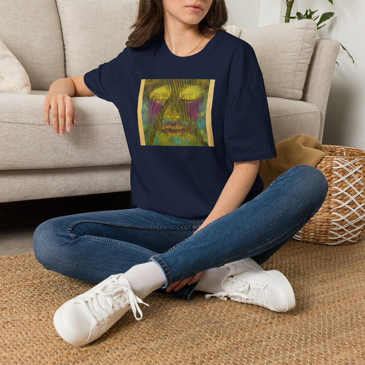Abstract Psychedelic Electric Aura Face T‑Shirt — Trippy Colorful Optical Art Tee