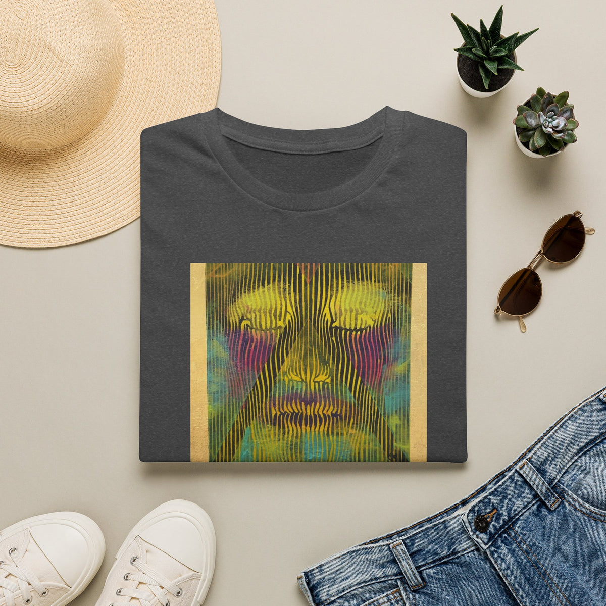 Abstract Psychedelic Electric Aura Face T‑Shirt — Trippy Colorful Optical Art Tee
