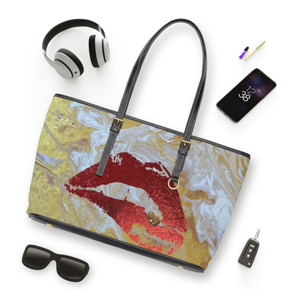 Lip Print "The Devouring" PU Shoulder Bag — Gold Marble Kiss Tote