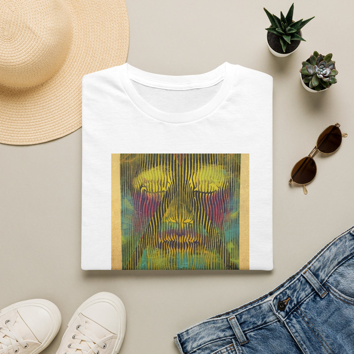 Abstract Psychedelic Electric Aura Face T‑Shirt — Trippy Colorful Optical Art Tee