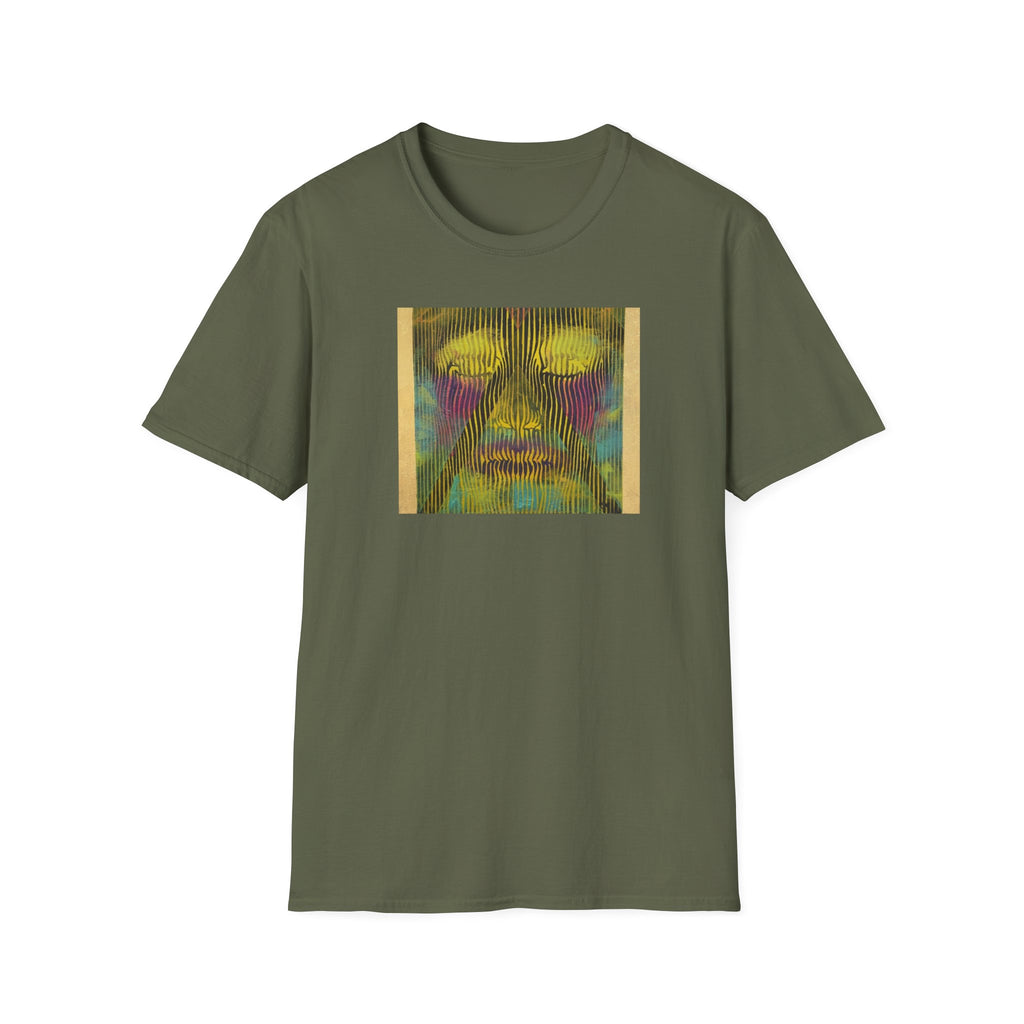 Abstract Psychedelic Electric Aura Face T‑Shirt — Trippy Colorful Optical Art Tee