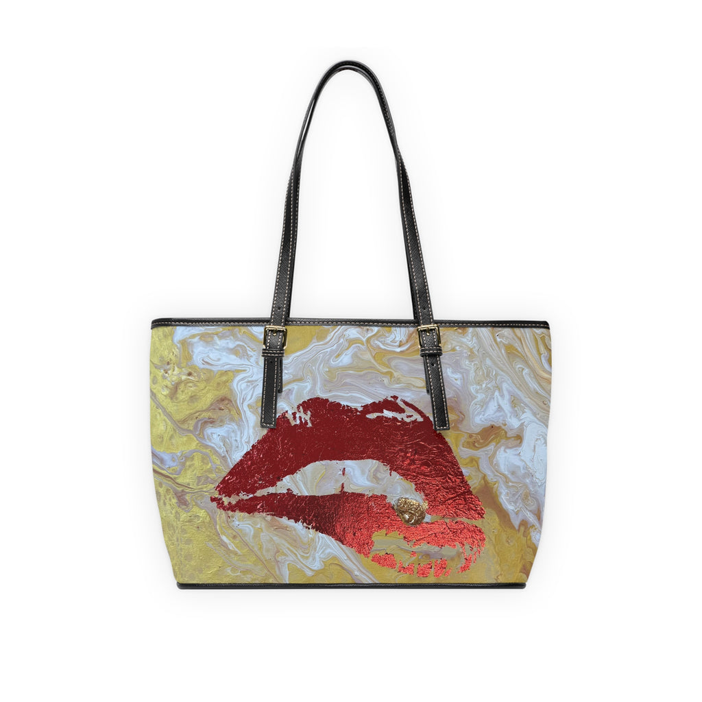 Lip Print "The Devouring" PU Shoulder Bag — Gold Marble Kiss Tote