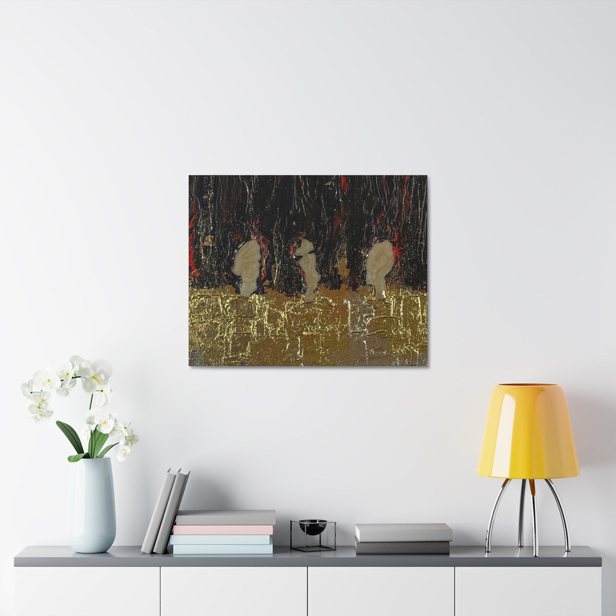 Abstract Gold Leaf Canvas Wall Art — Textured Black & Red Contemporary Painting