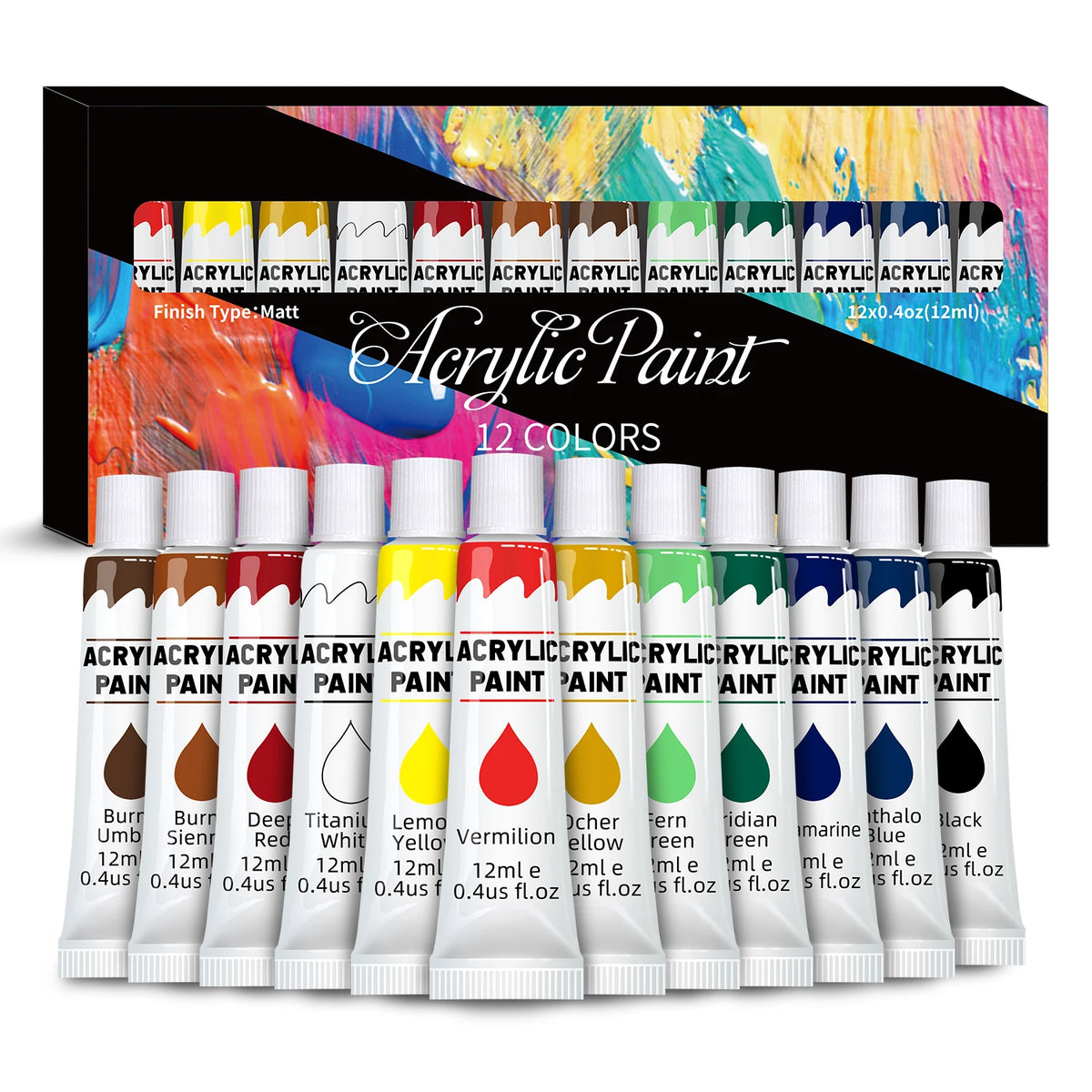 Acrylic Paint Set 12/24 Pack of 12mL Paints,Non-Toxic Craft Paint for Canvas,Wood,Fabric,Leather,Cardboard,Paper,MDF and Crafts