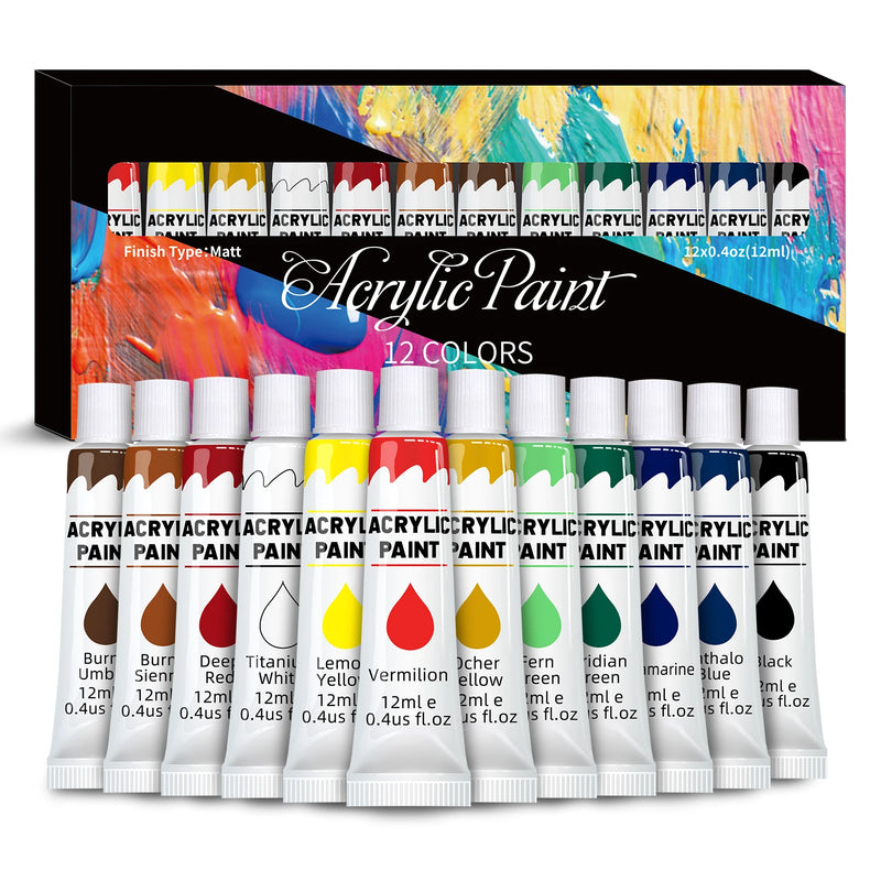 Acrylic Paint Set 12/24 Pack of 12mL Paints,Non-Toxic Craft Paint for Canvas,Wood,Fabric,Leather,Cardboard,Paper,MDF and Crafts