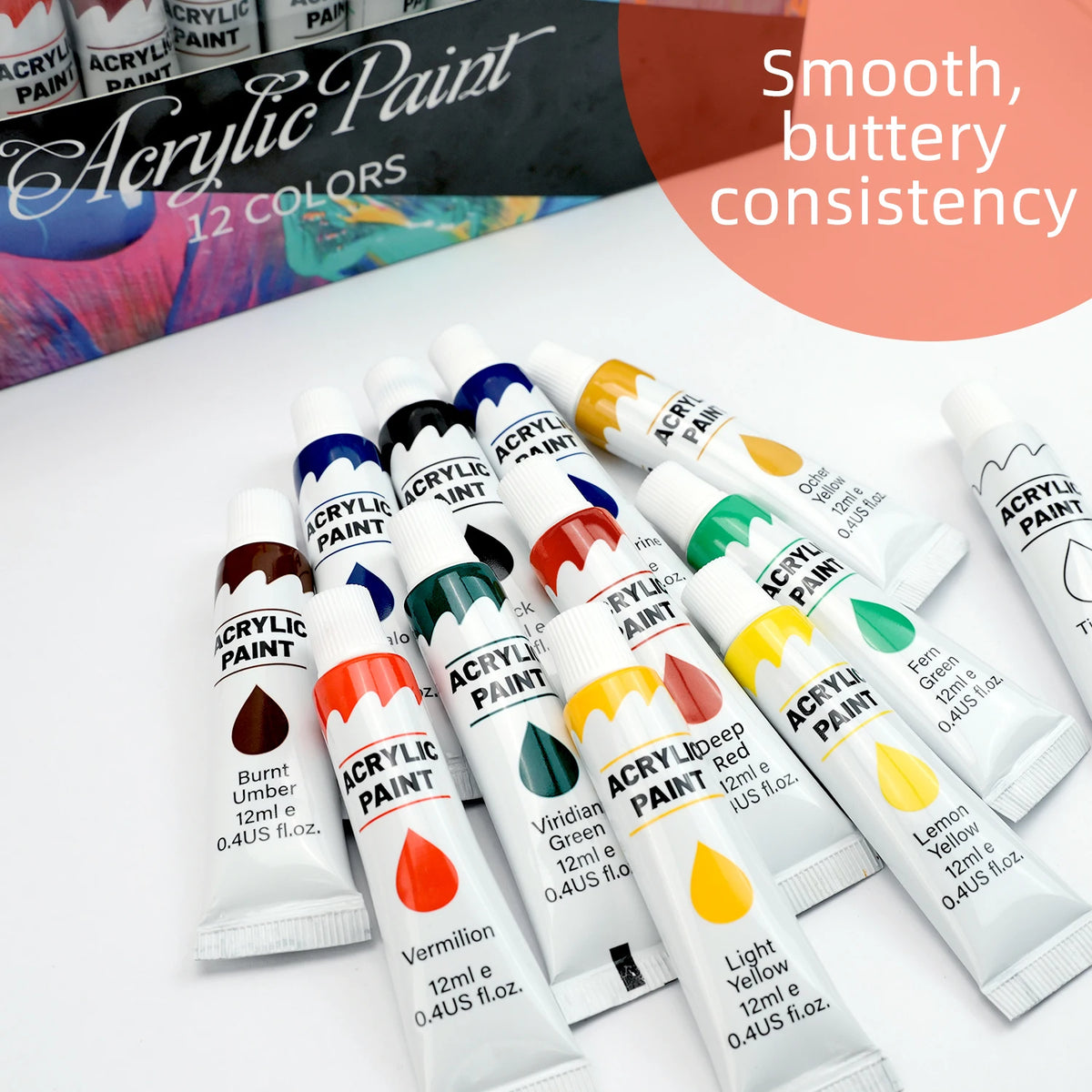 Acrylic Paint Set 12/24 Pack of 12mL Paints,Non-Toxic Craft Paint for Canvas,Wood,Fabric,Leather,Cardboard,Paper,MDF and Crafts